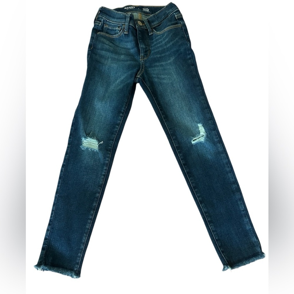 Old Navy Girls Dark Wash Rockstar Skinny Jeans Distressed Raw Hem Size 8